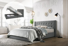 Load image into Gallery viewer, Queen Sized Winged Fabric Bed Frame with Gas Lift Storage in Light Grey
